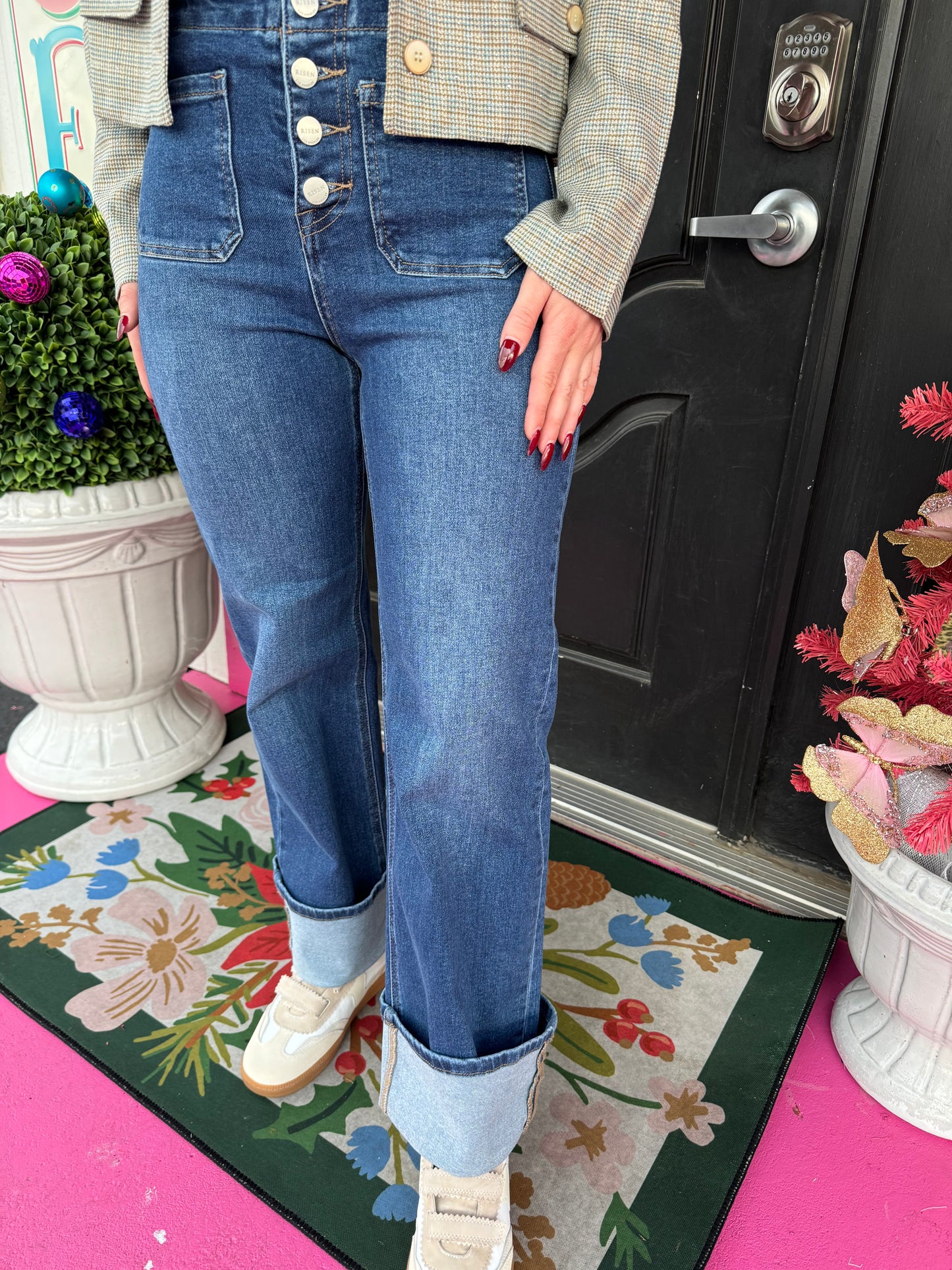 Button Front Patch Cuffed Jeans
