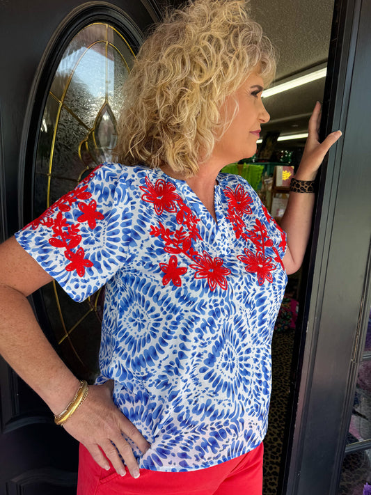 White Red Embroidered Top