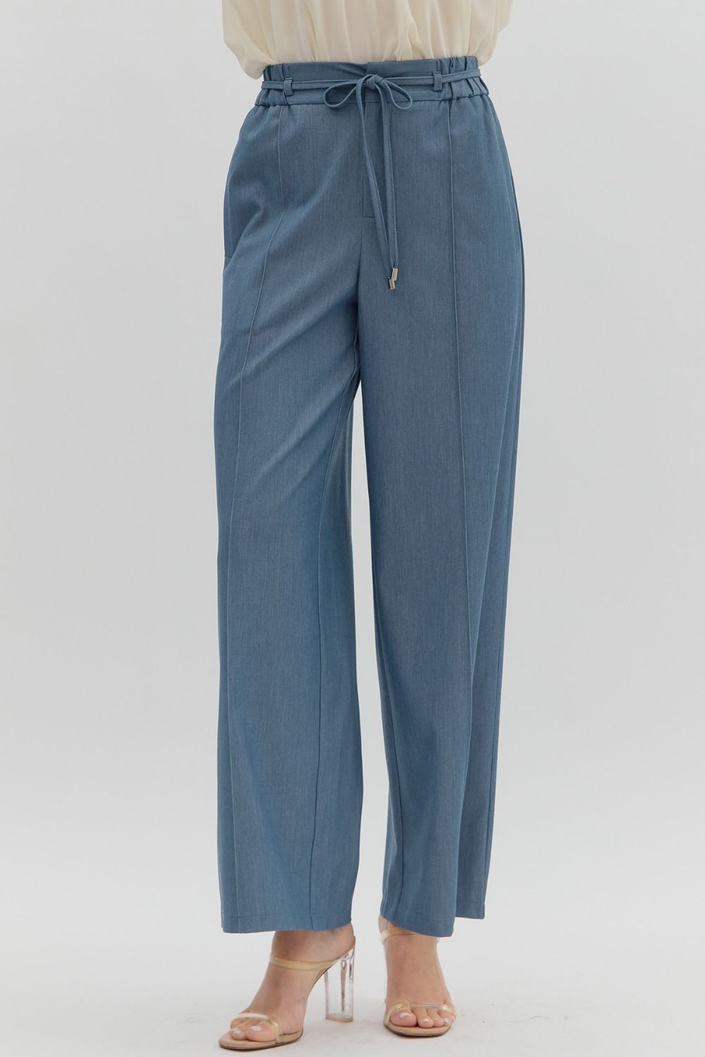 Denim Belted Elastic Waist Wide Leg