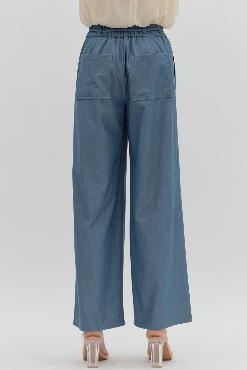 Denim Belted Elastic Waist Wide Leg