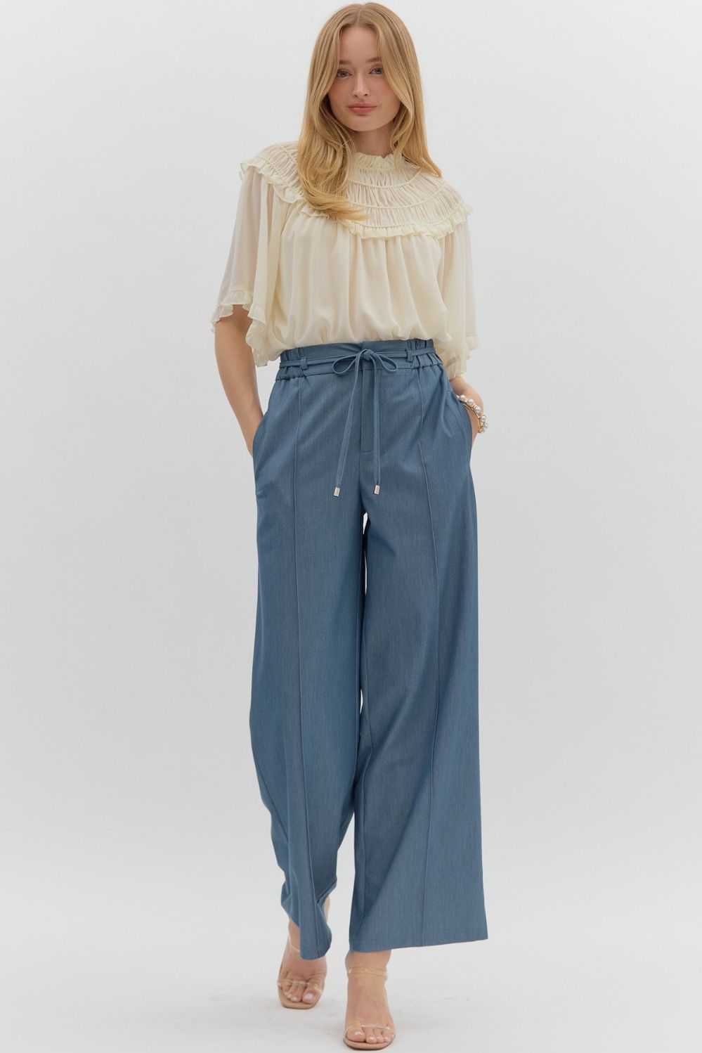 Denim Belted Elastic Waist Wide Leg