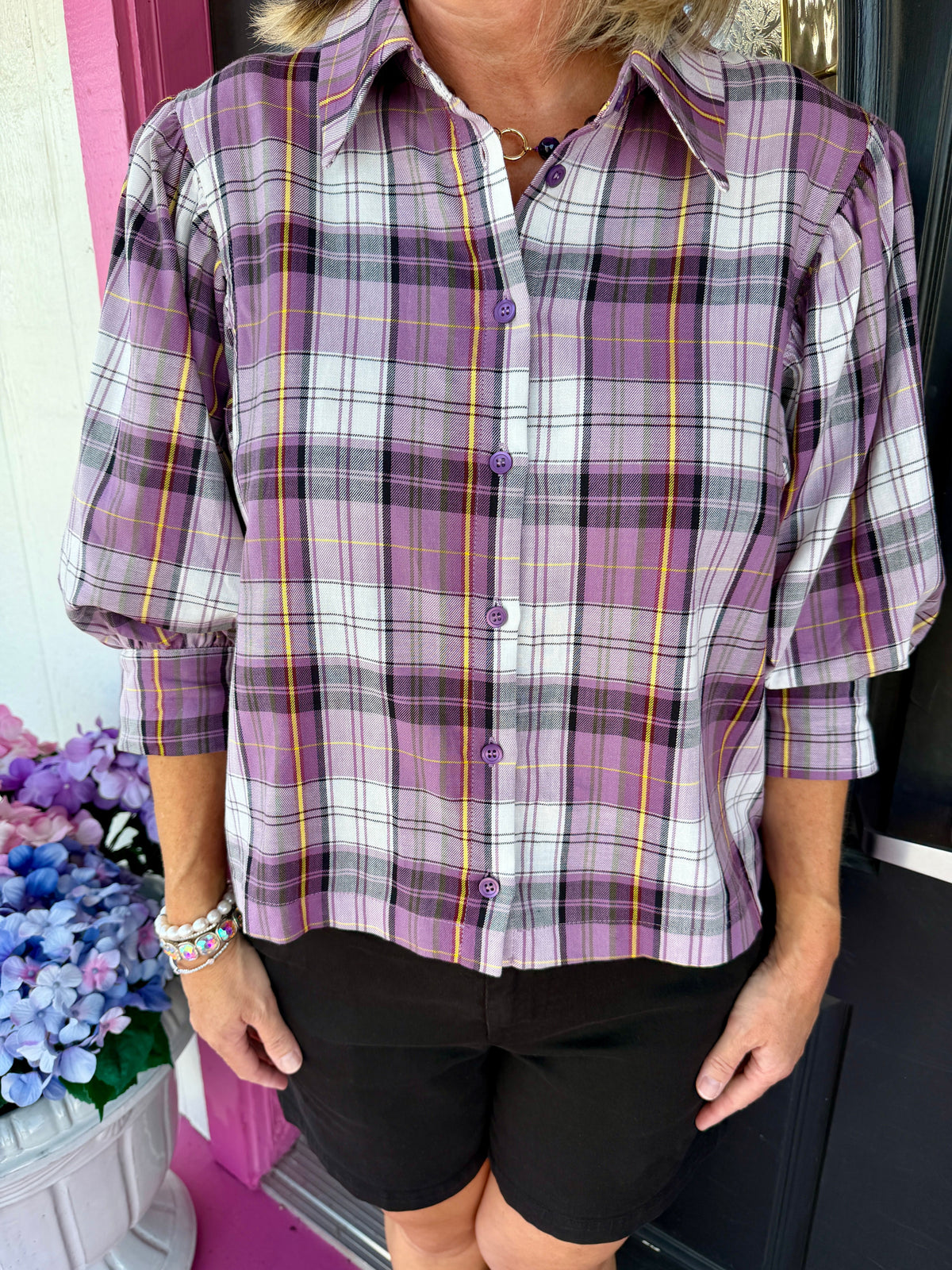 Purple Plaid Puff Sleeve Top