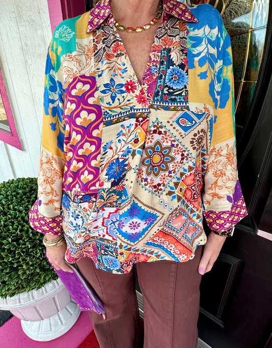 Purple Multi 3/4 Sleeve V-Neck Top