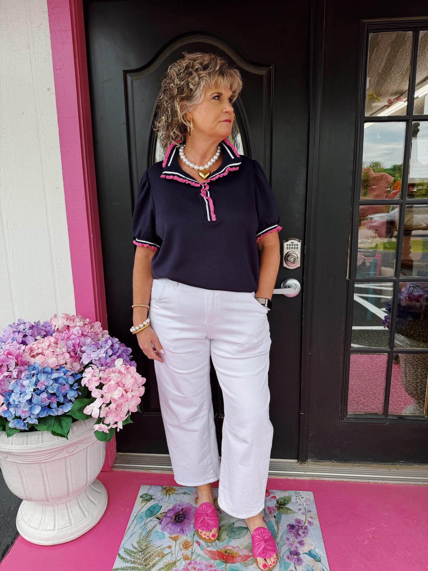 Navy Pink Fray Trim Top