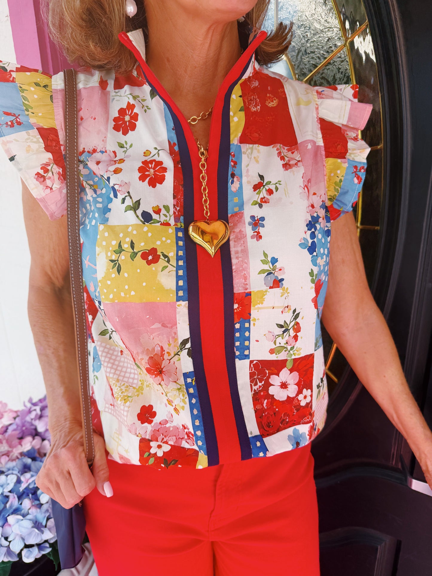 Red & Blue Patchwork Zip Neck Top