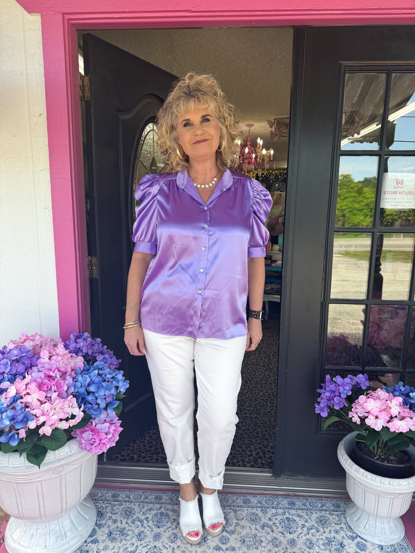 lavender, purple, button up, collared, puff sleeve, adrienne