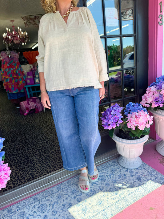 Beige Pleated Vneck Top