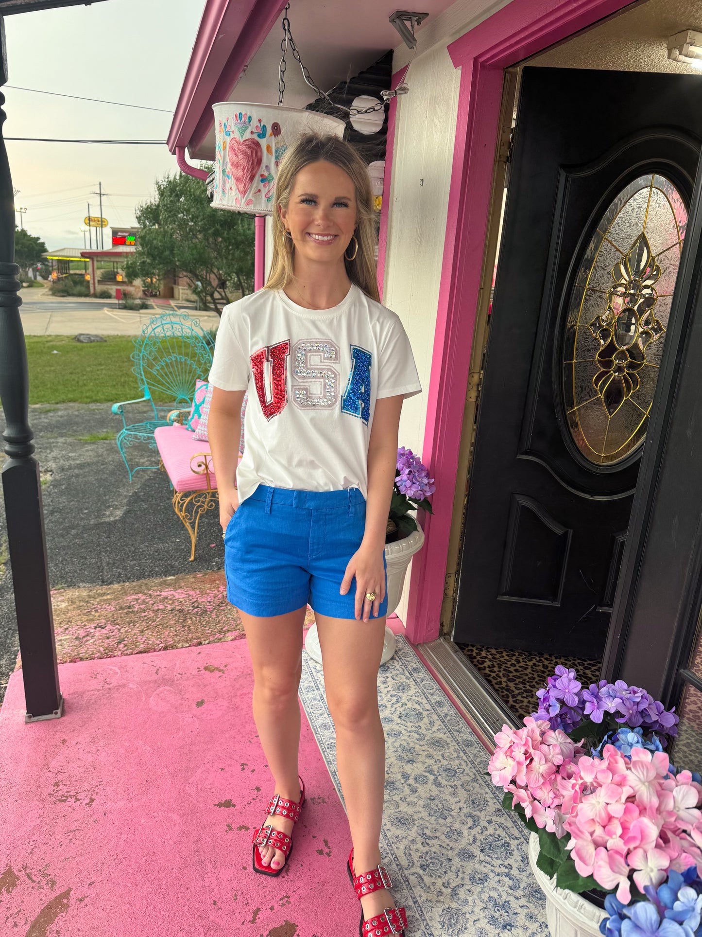 White Beaded USA Tee