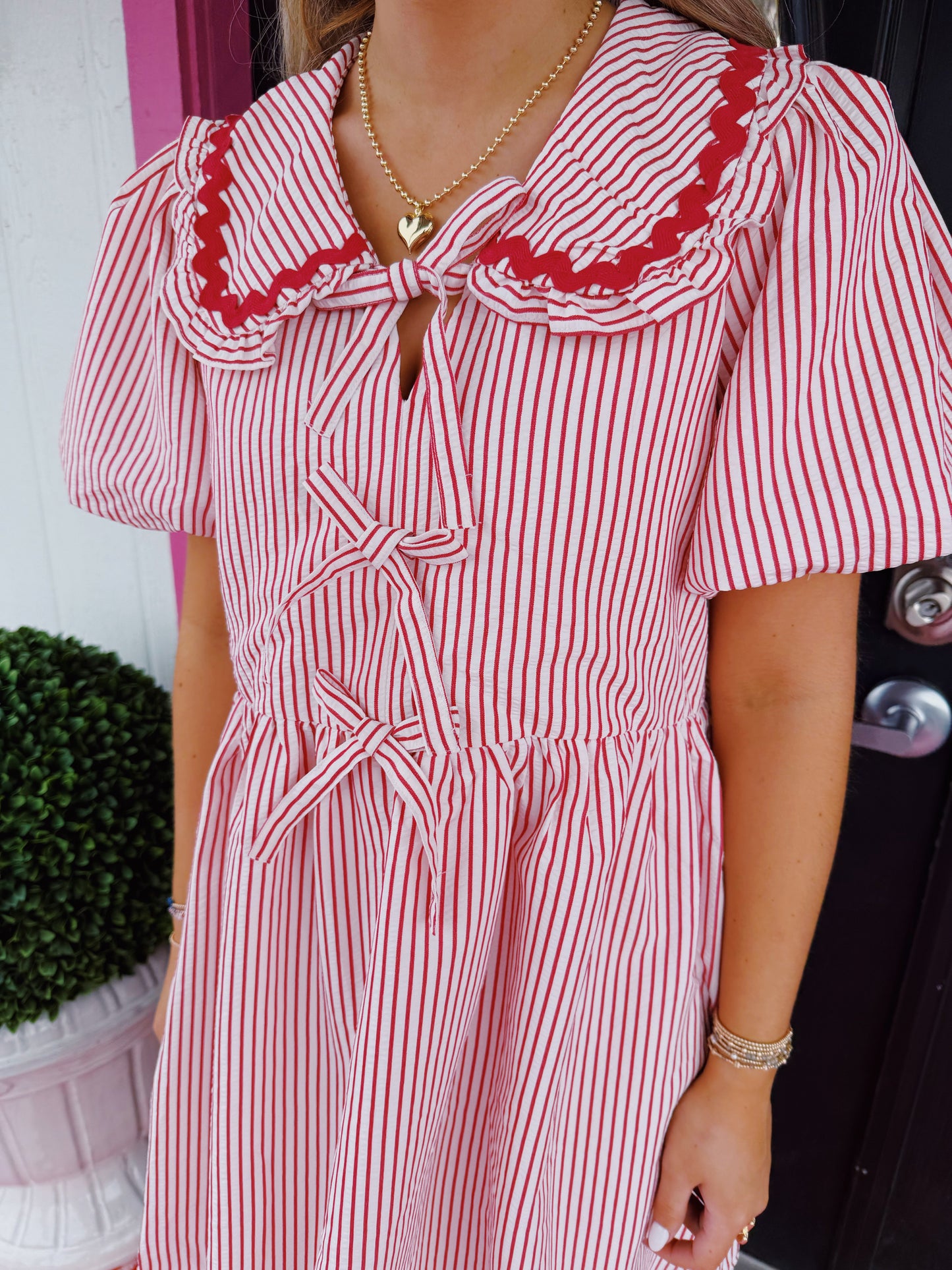 Red Stripe Rick Rack Tie Dress