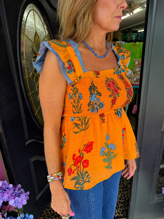 Smocked Flower Print Top