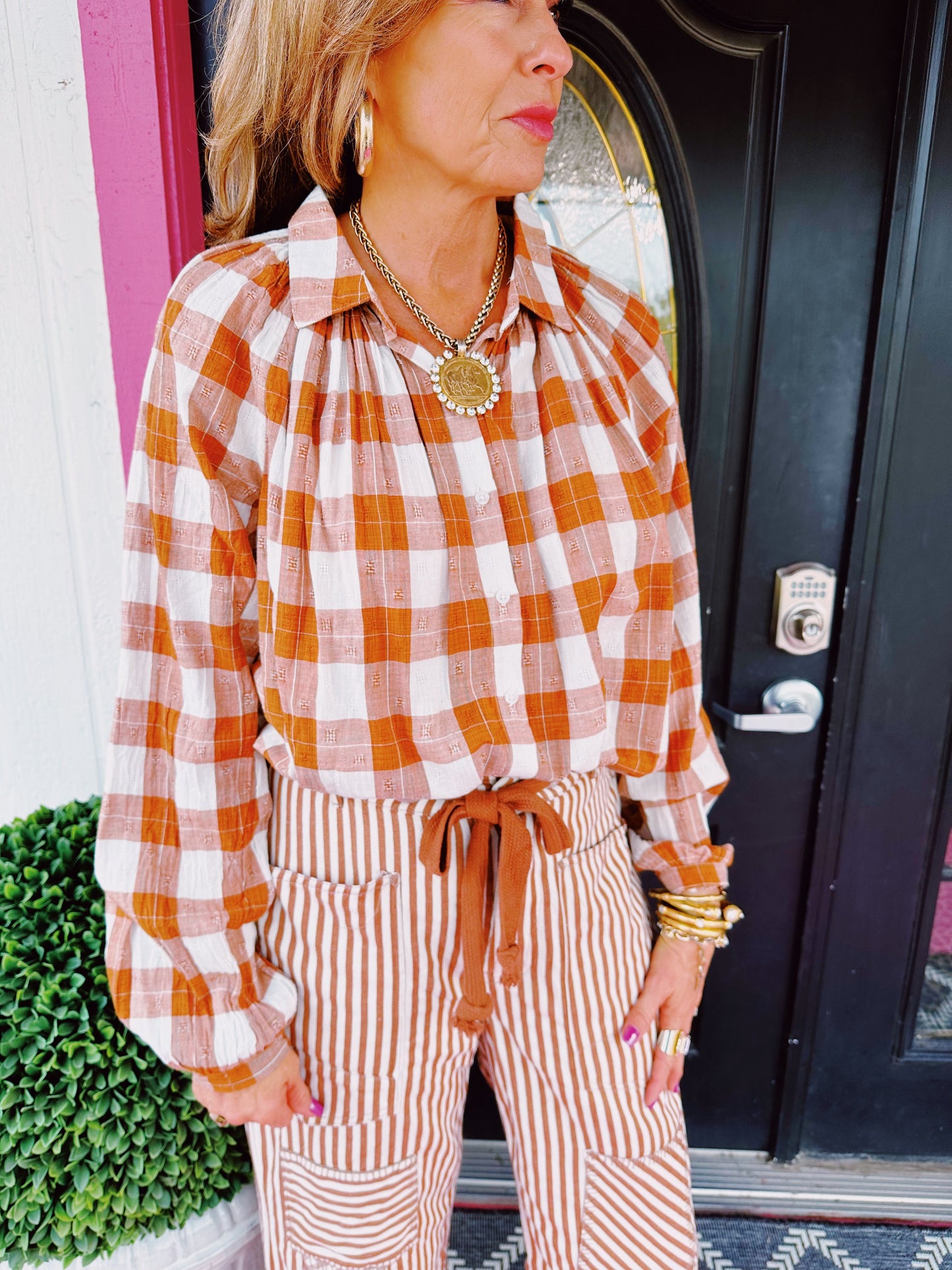 Benedict Pumpkin Pleated Button Top