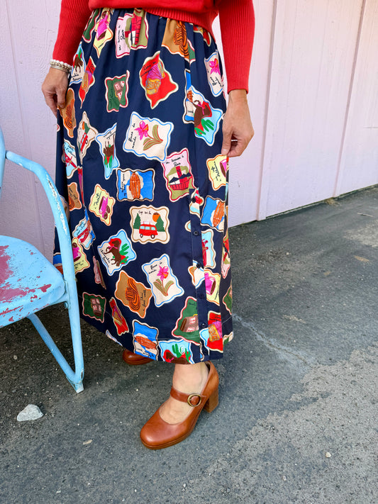 Navy Stamp Print Skirt