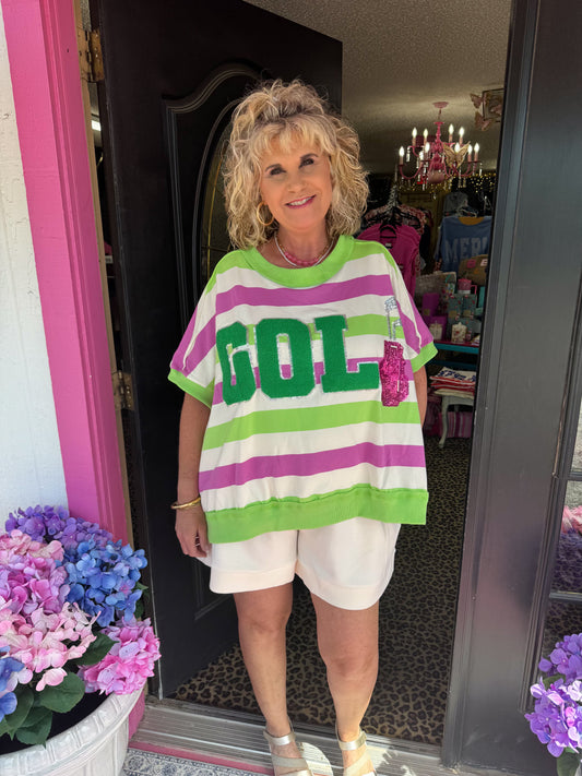 Green Pink Stripe Golf Top