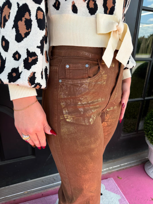 Brown Gold Metallic Straight Leg