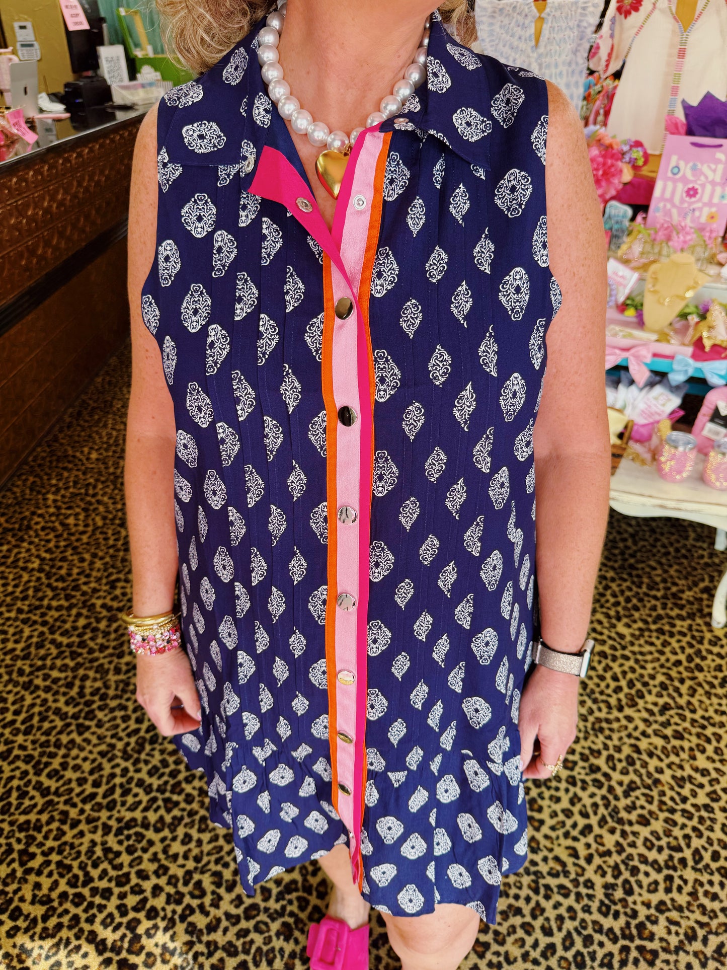 Navy Slvless Print Trim Dress