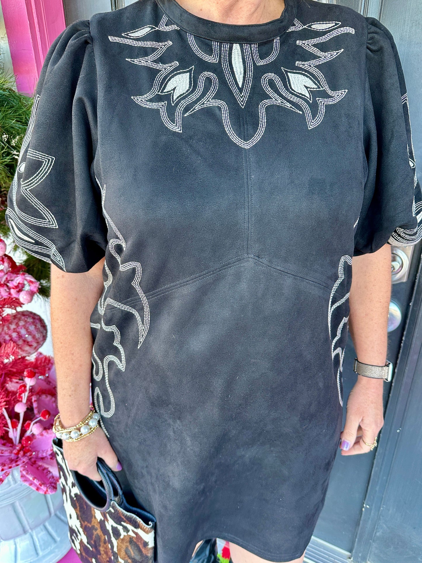 Black Embroidered Suede Dress