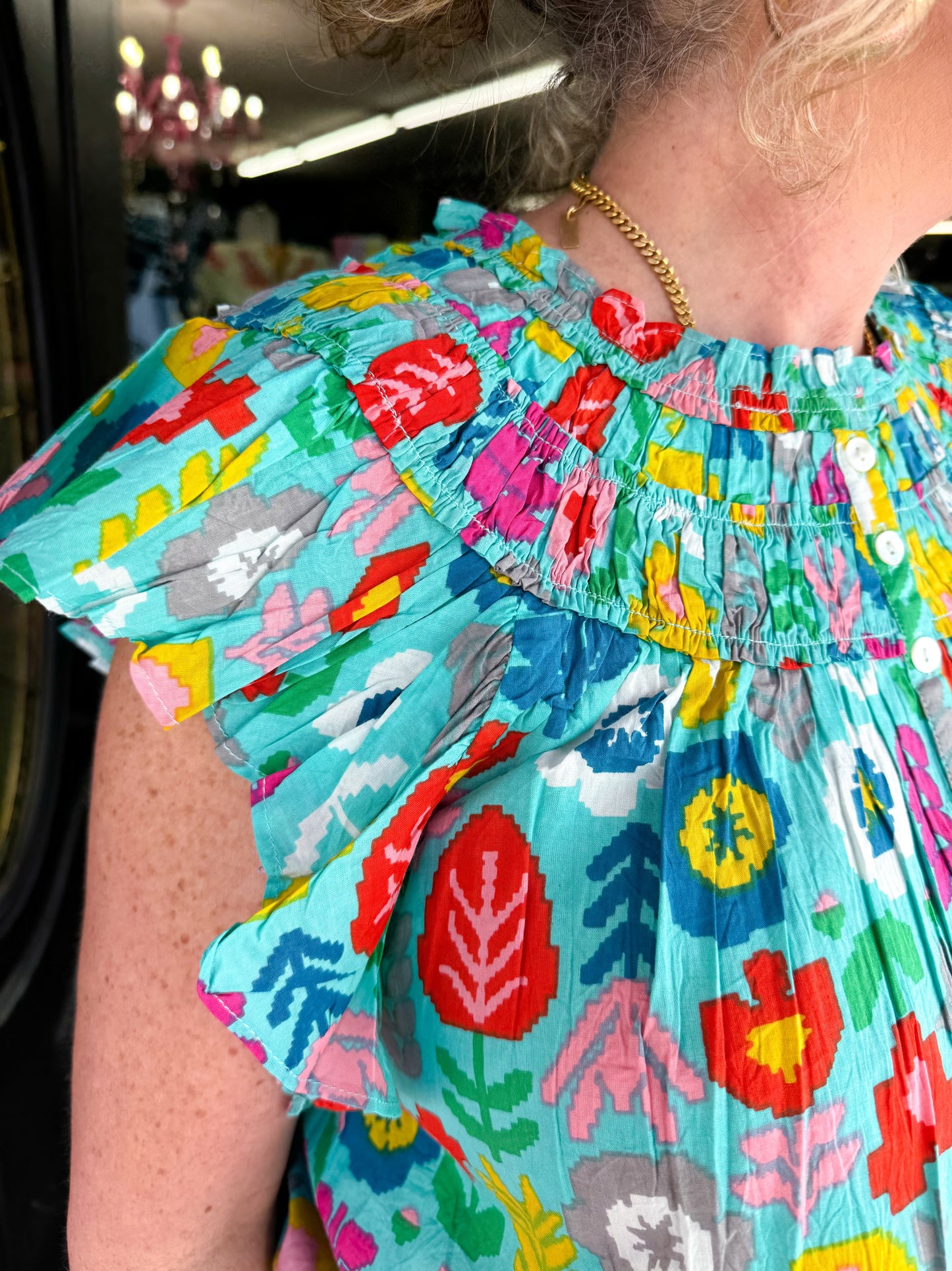 Turquoise Forklore Ruffled Top