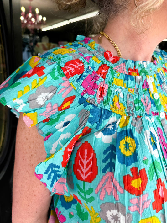 Turquoise Forklore Ruffled Top