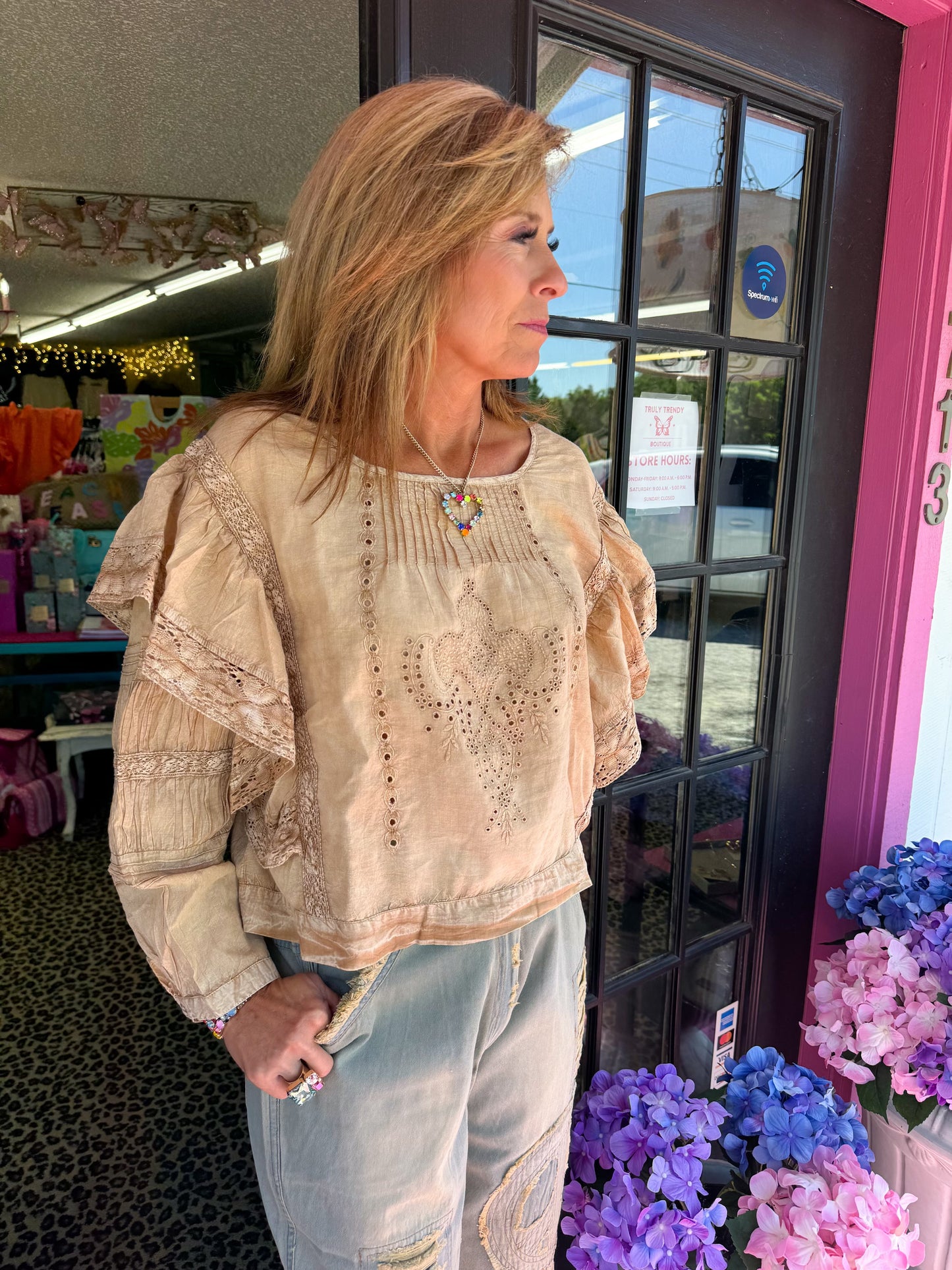 Natural LS Lace Banded Top