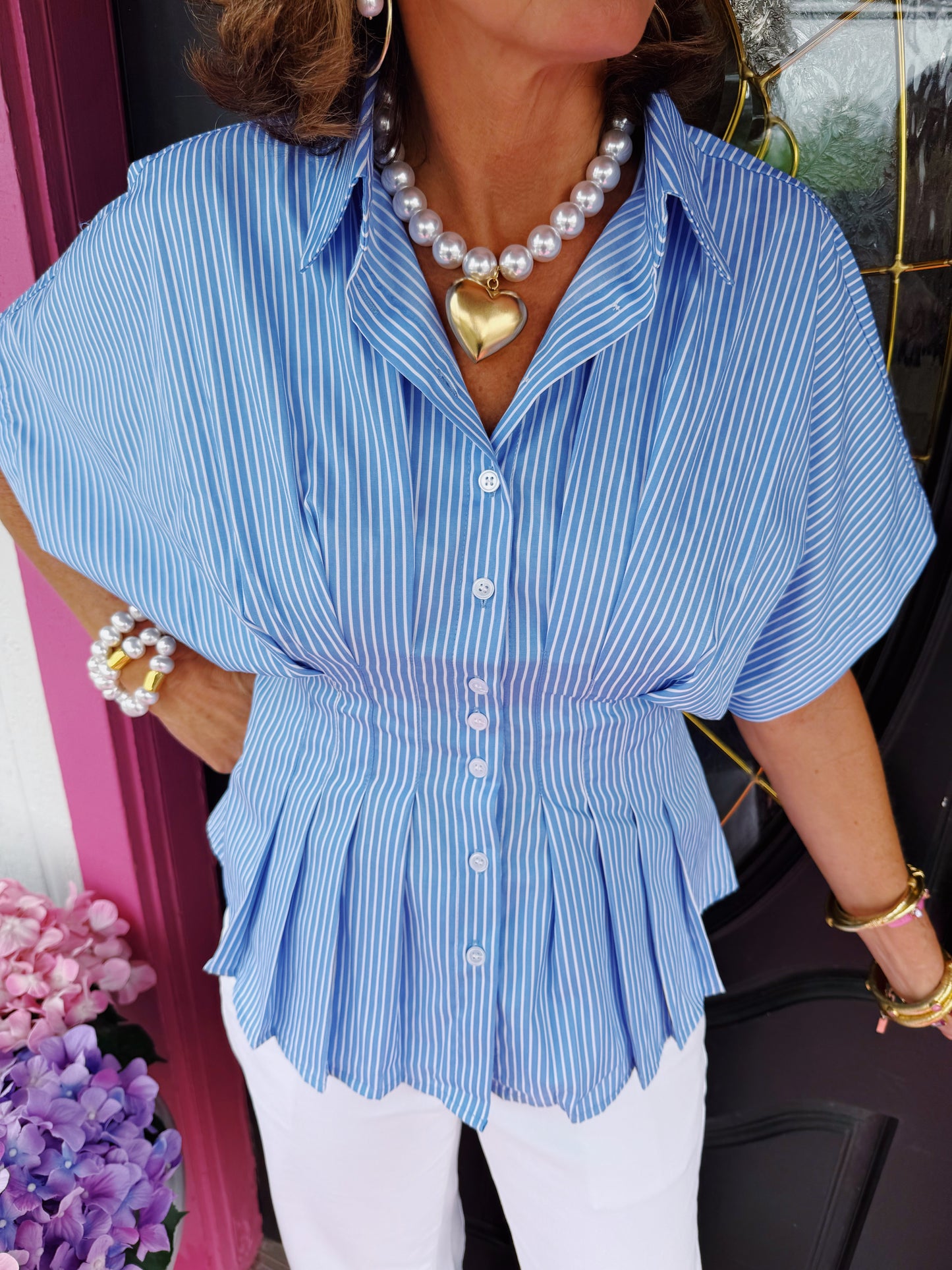 Blue Stripe Pleated Button Top