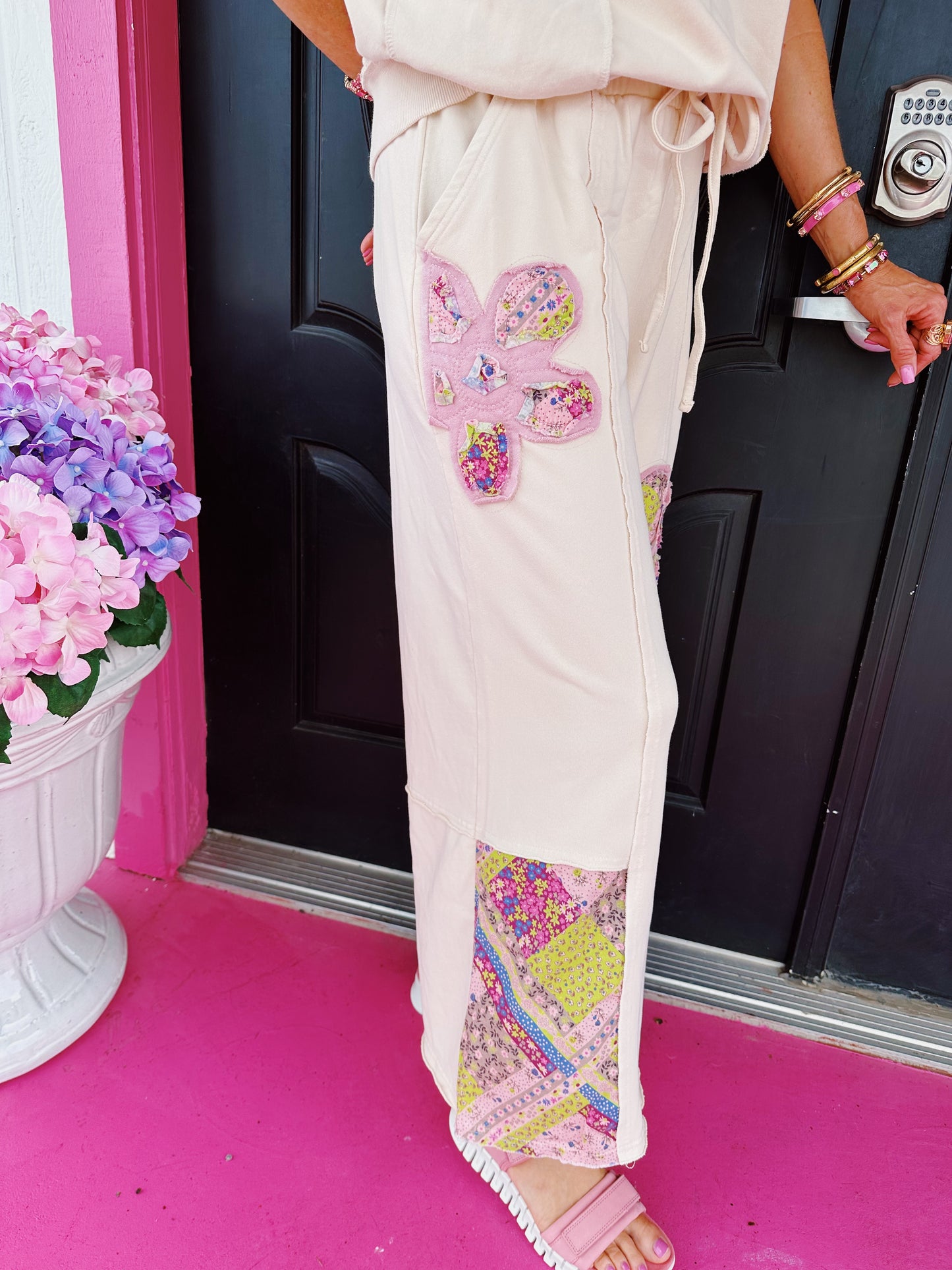 Ecru Flower Patch Pant Set