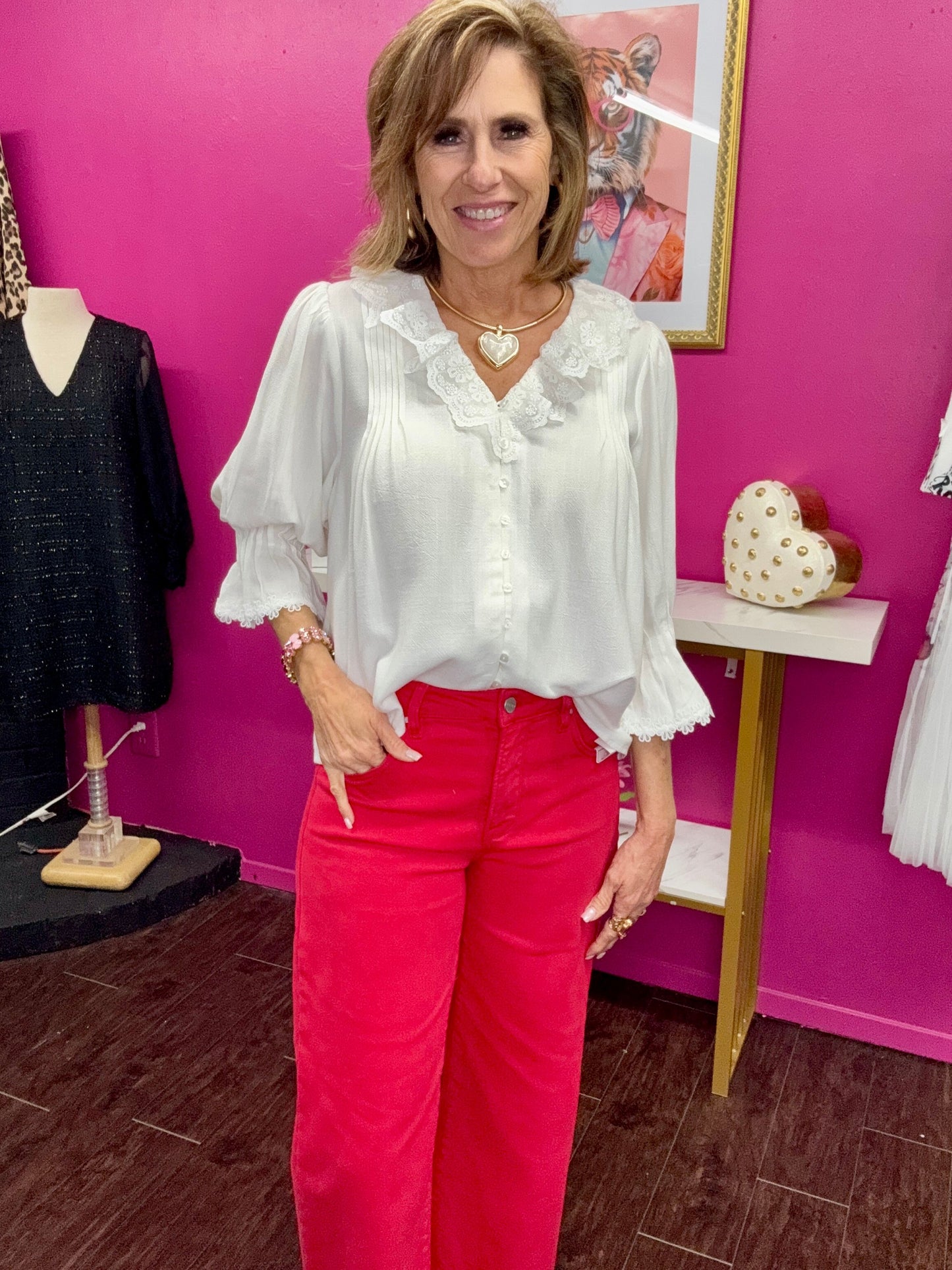 Off White Lace Ruffle Blouse