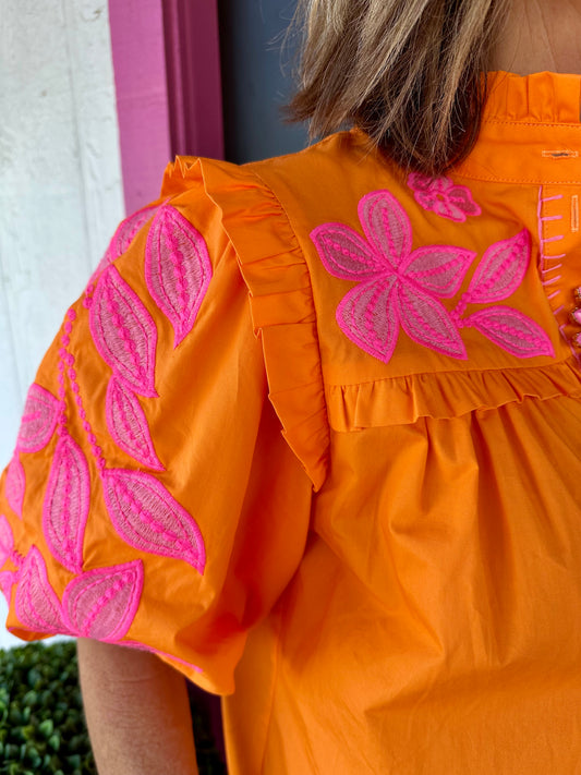 Orange Pink Embroidered Puff Top