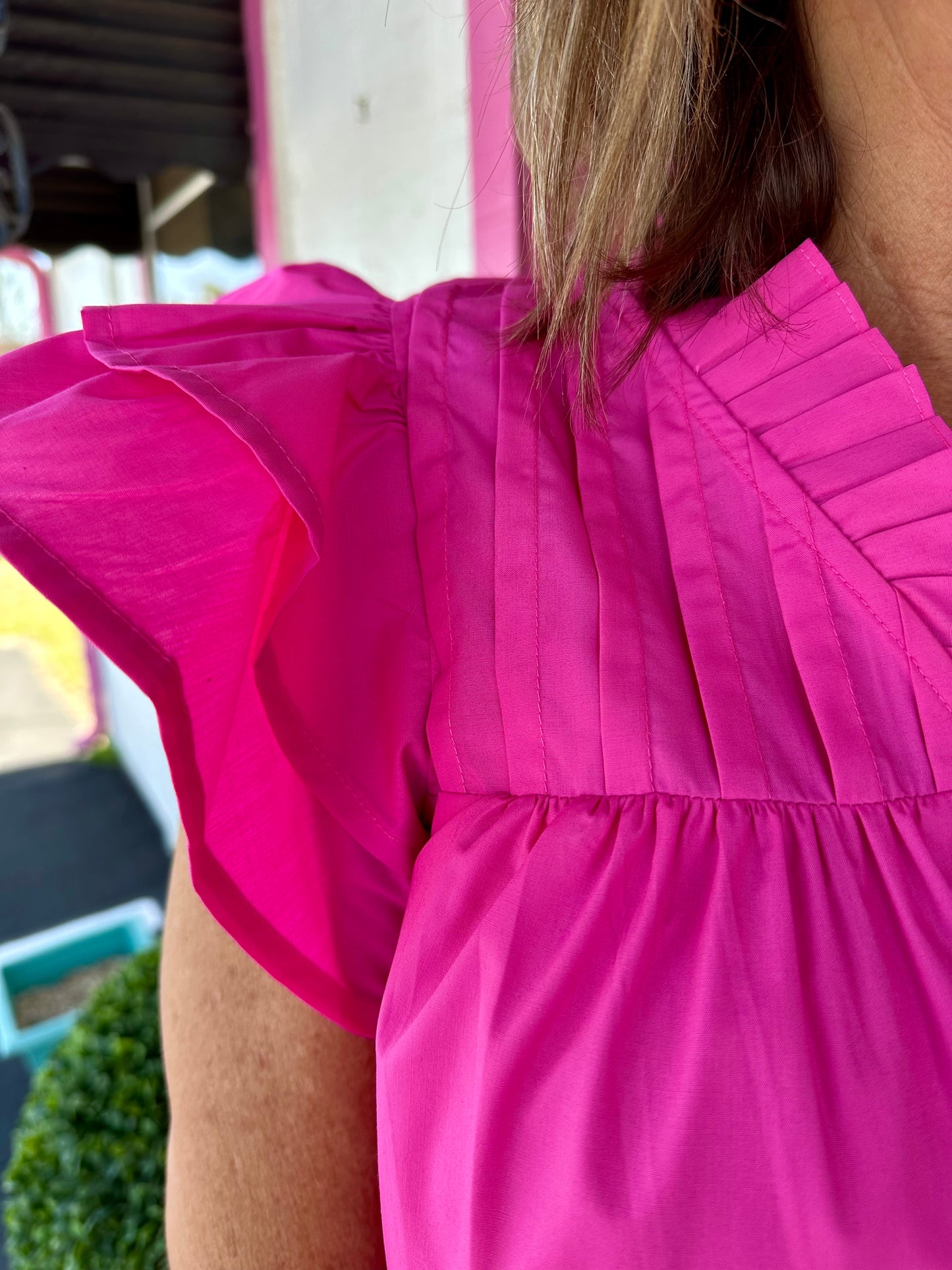Hot Pink Button Ruffle Sleeve Top