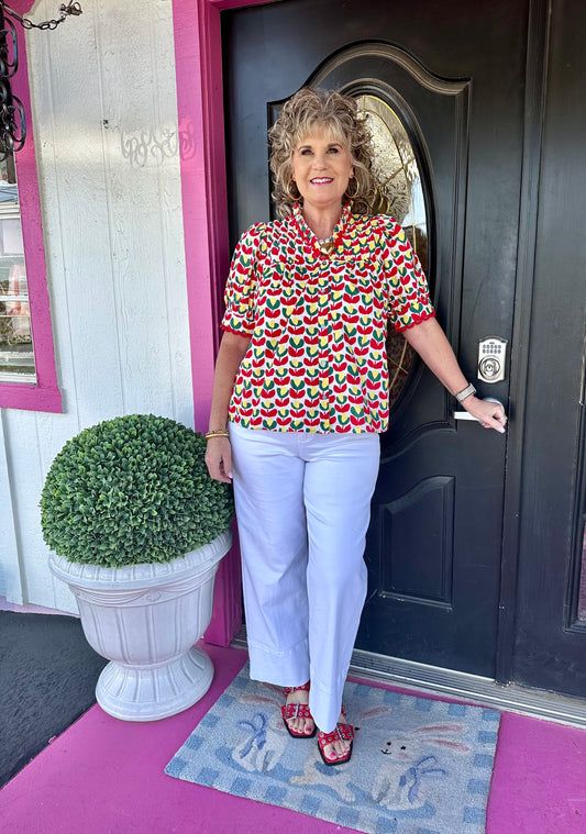 Red V-Neck Floral Detail Trim Top