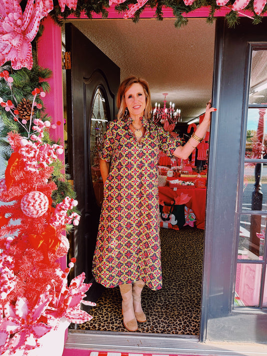 Wine Green Patterned Long Dress