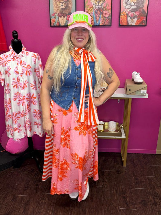 Pink Floral & Stripe Halter Maxi