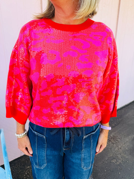 Red/Pink Sequin Leopard Top
