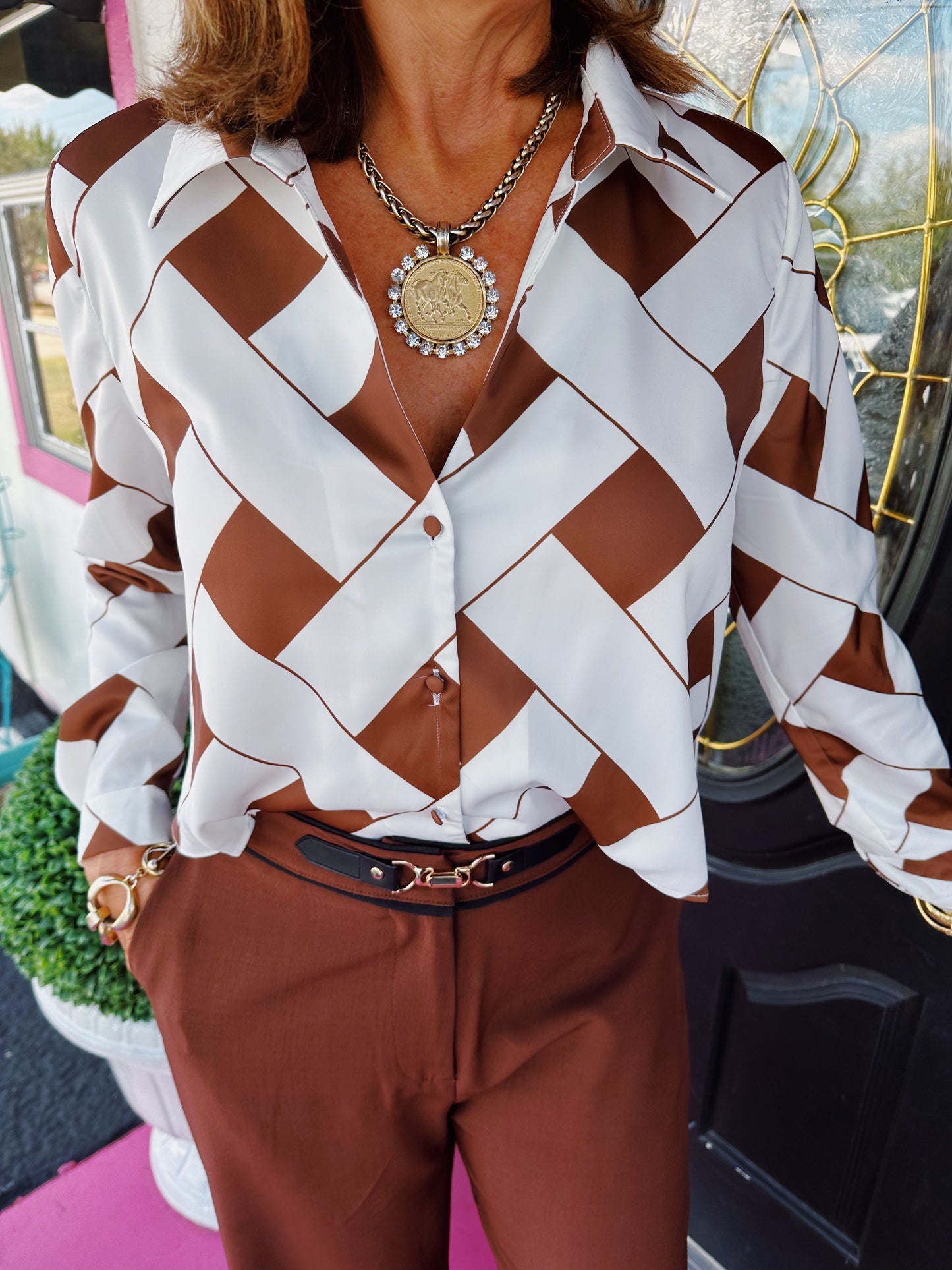 Brown Basket Weave Collar Shirt