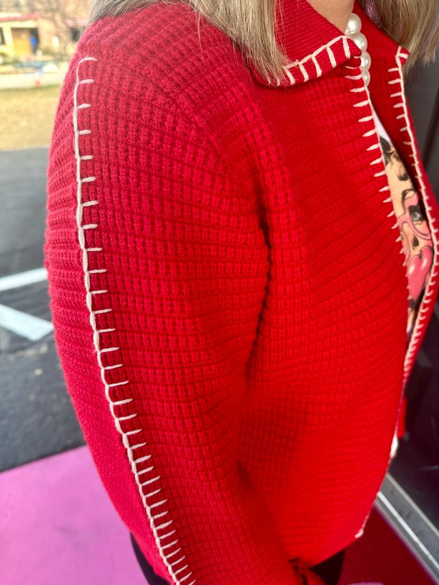 Red Ribbed Knitted Cardigan