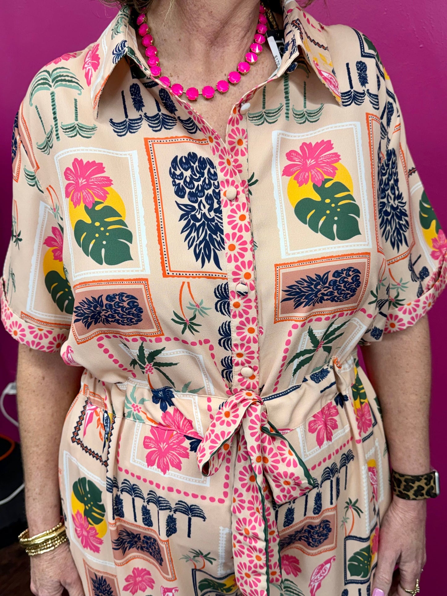 Tropical Belted Flared Jumpsuit