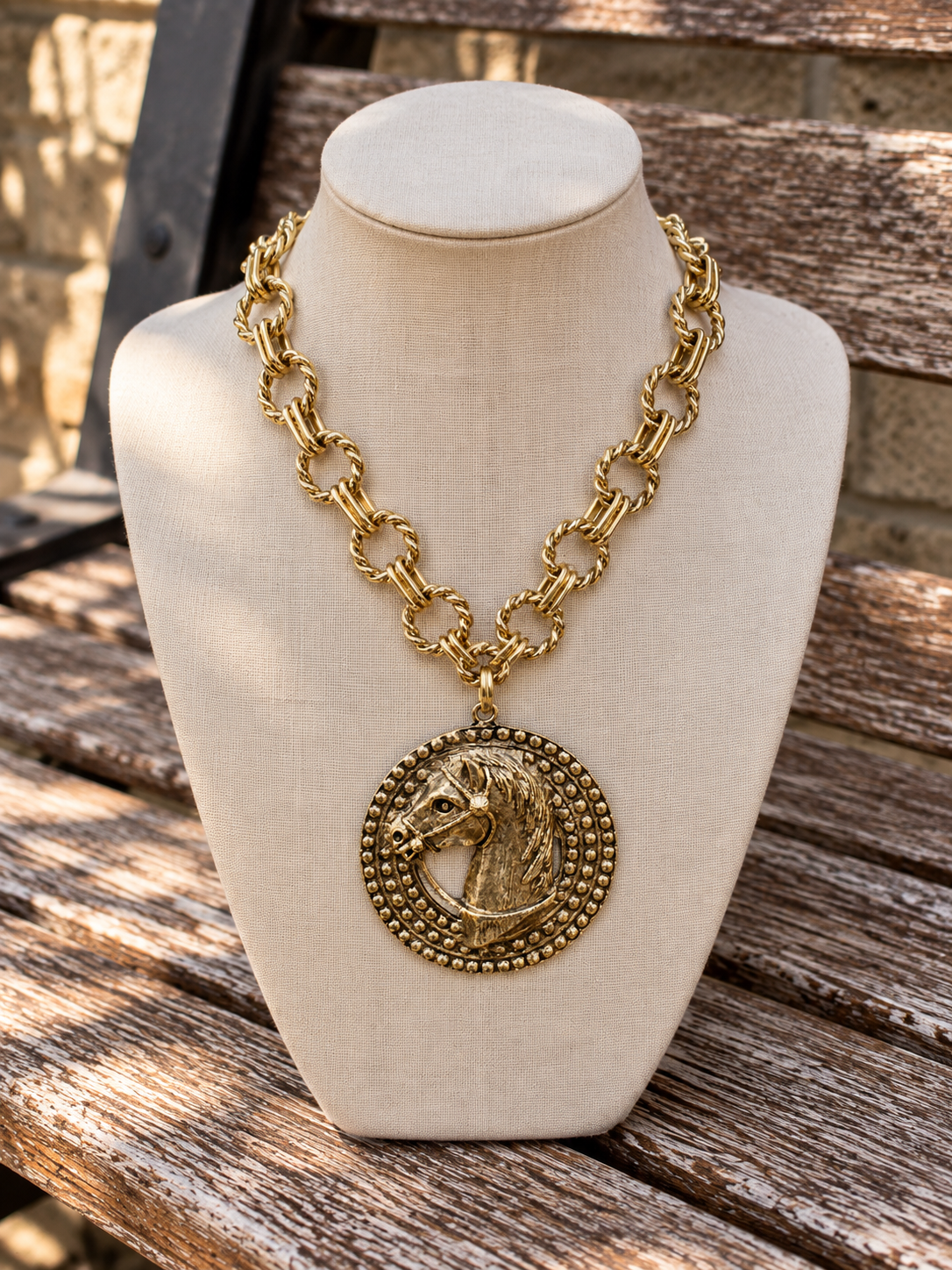 Large Gold Horse Medallion Necklace