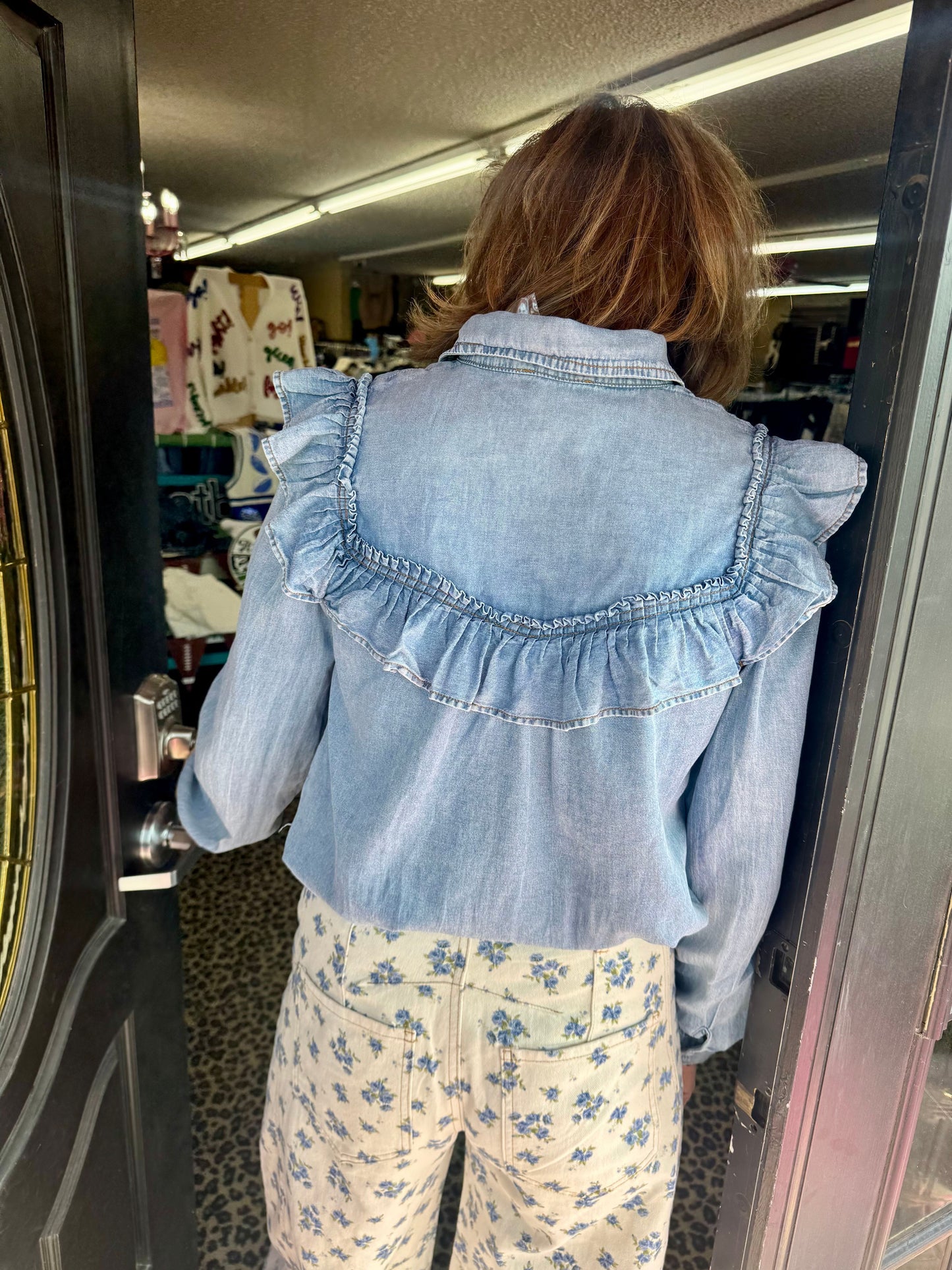 Denim Ruffle Button Down Top