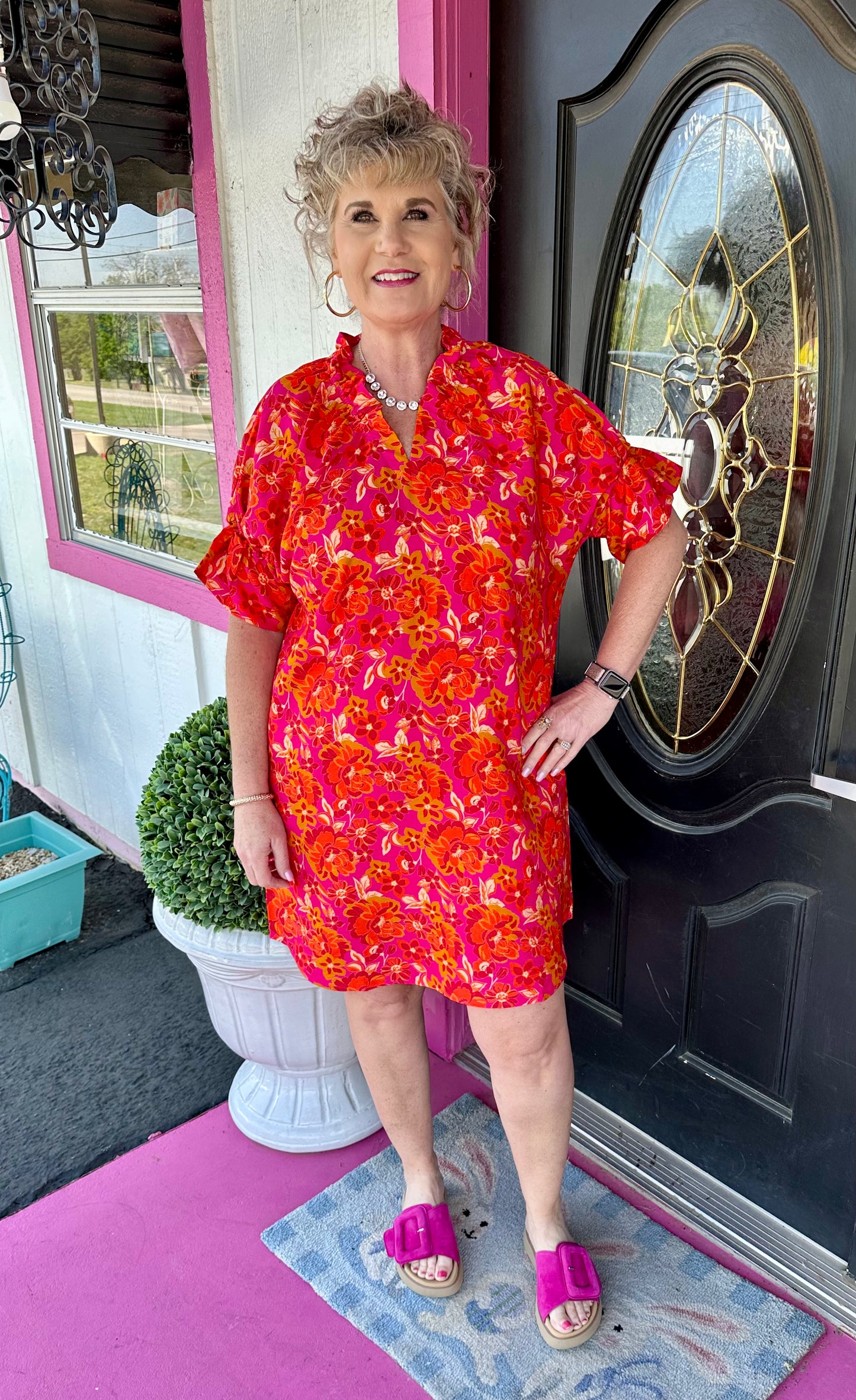 Hot Pink/Orange Printed Dress