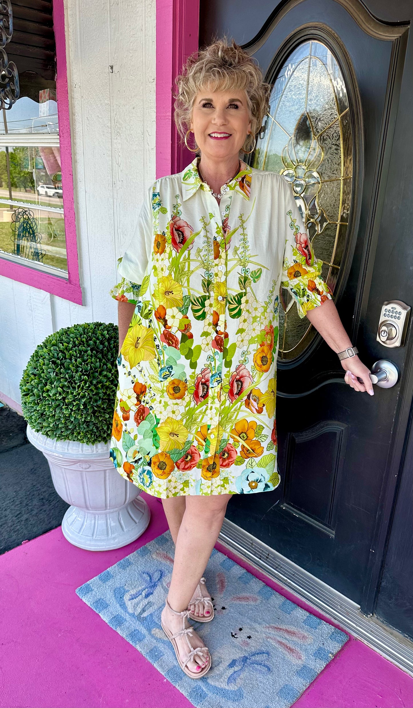 Beige Floral 3/4" Sleeve Dress