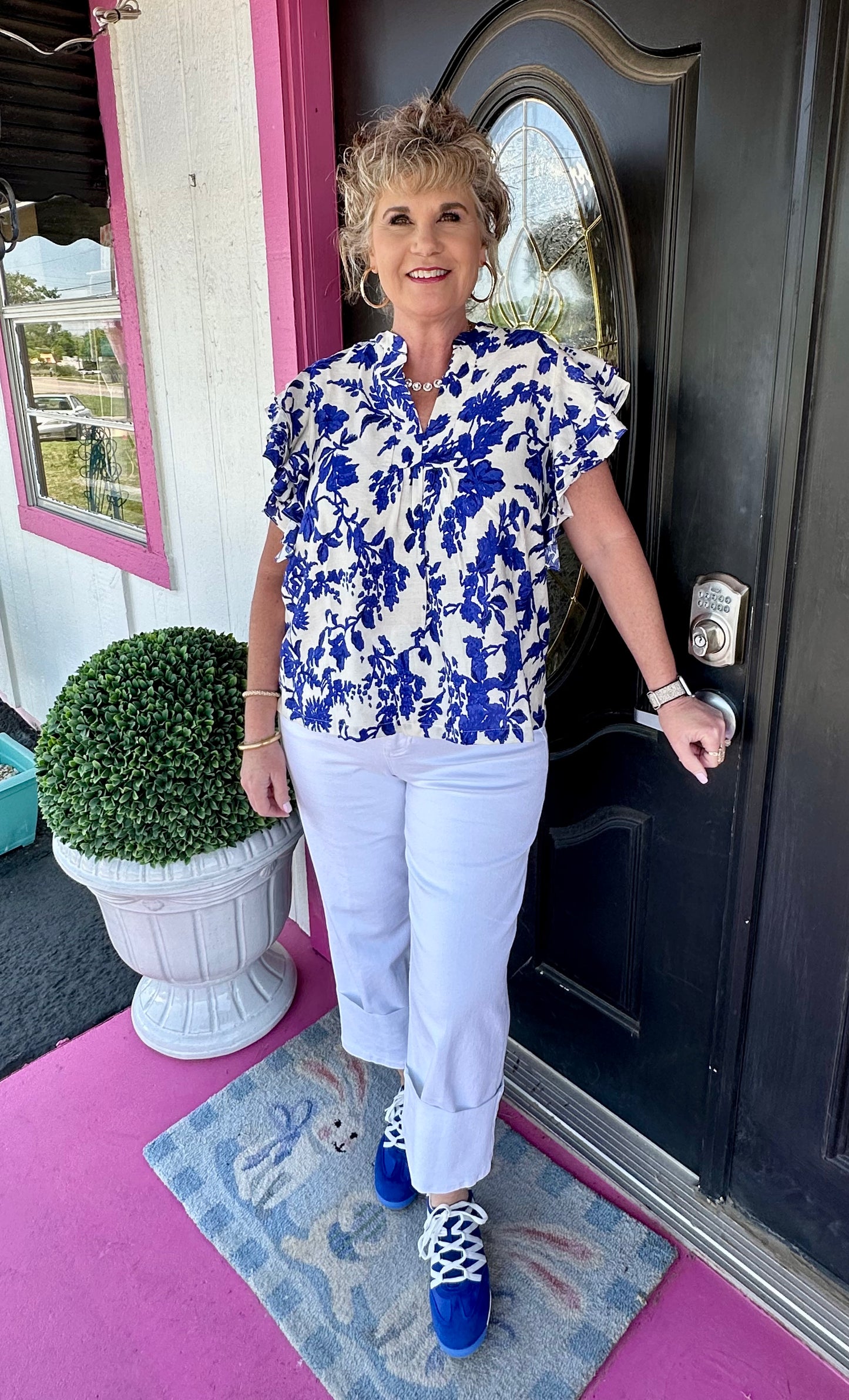 Blue Floral Ruffle Blouse Top
