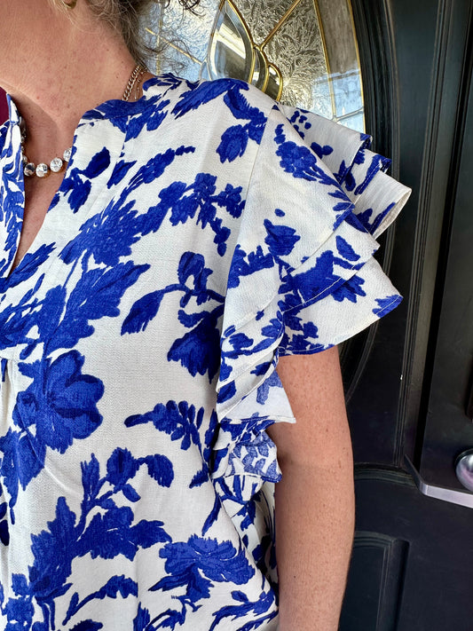 Blue Floral Ruffle Blouse Top