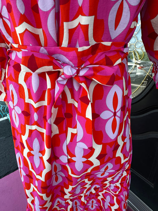 Pink Printed Belted Maxi Dress
