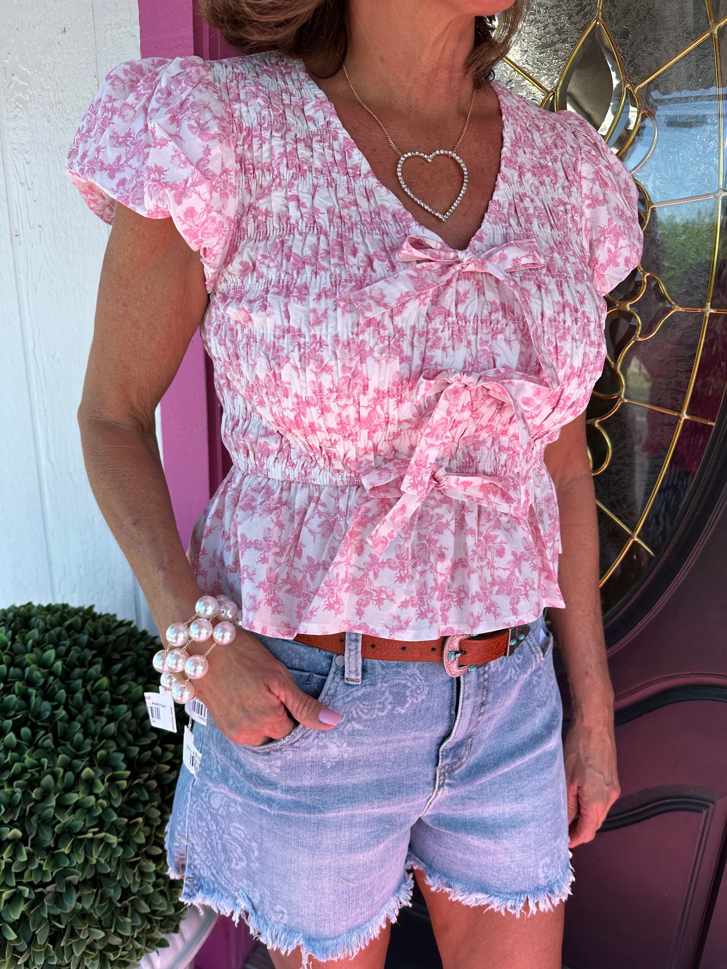 Pink/White Floral Smocked Top