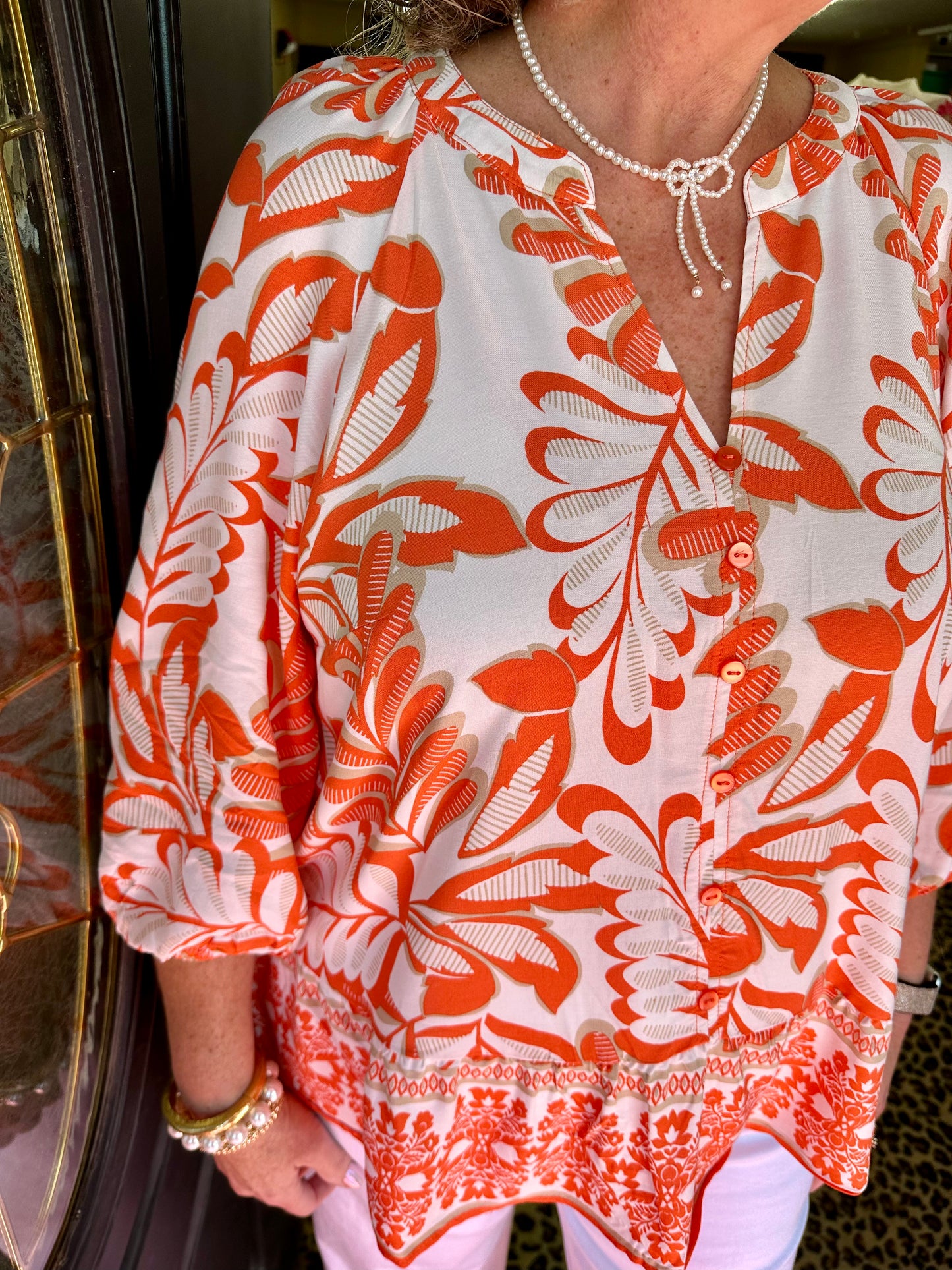 Orange/White V-Neck Button Top