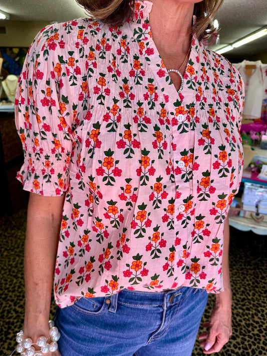Pink Puff Sleeve Floral Top