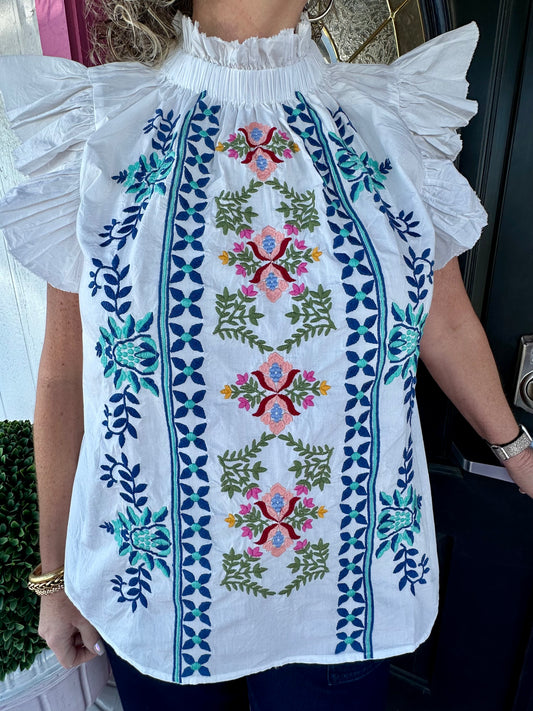 White Embroidered Flutter Slv Top