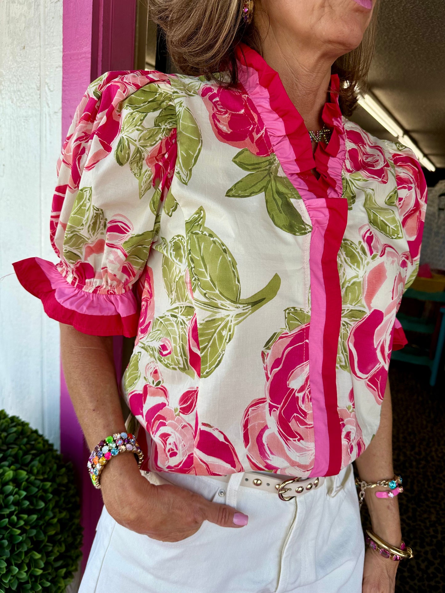 Cream Red/Pink Trim Floral Top