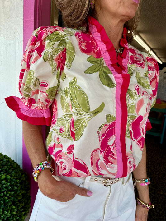 Cream Red/Pink Trim Floral Top