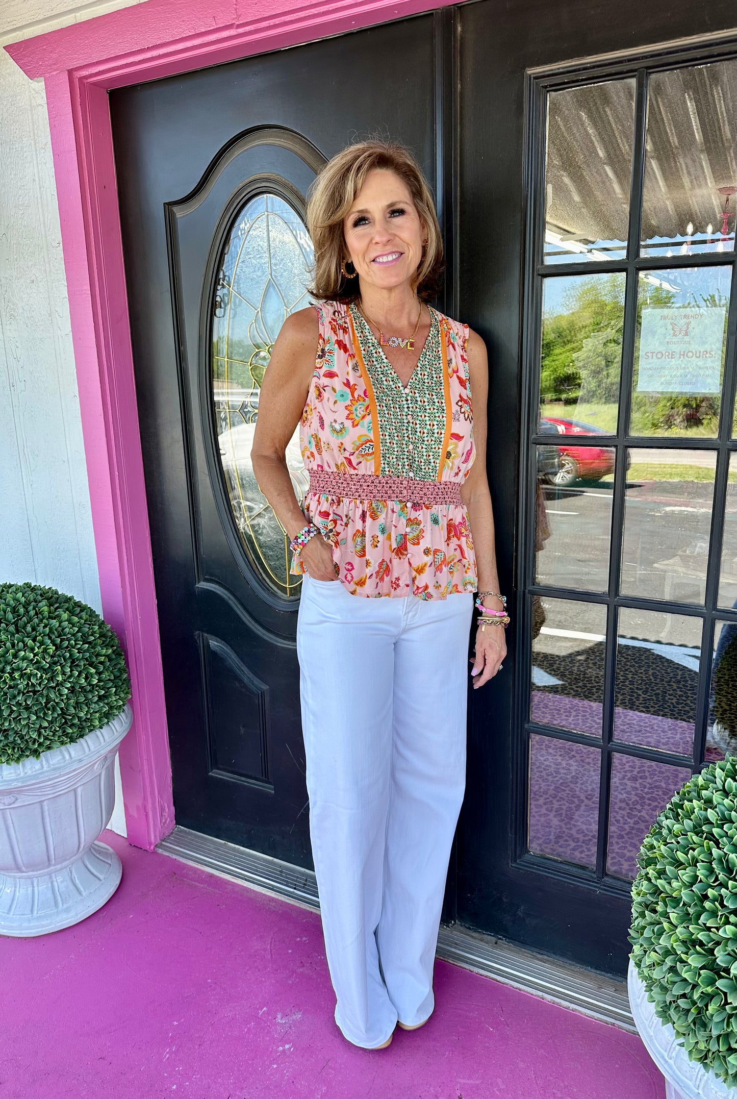 Pink/Green Sleeveless Floral Top