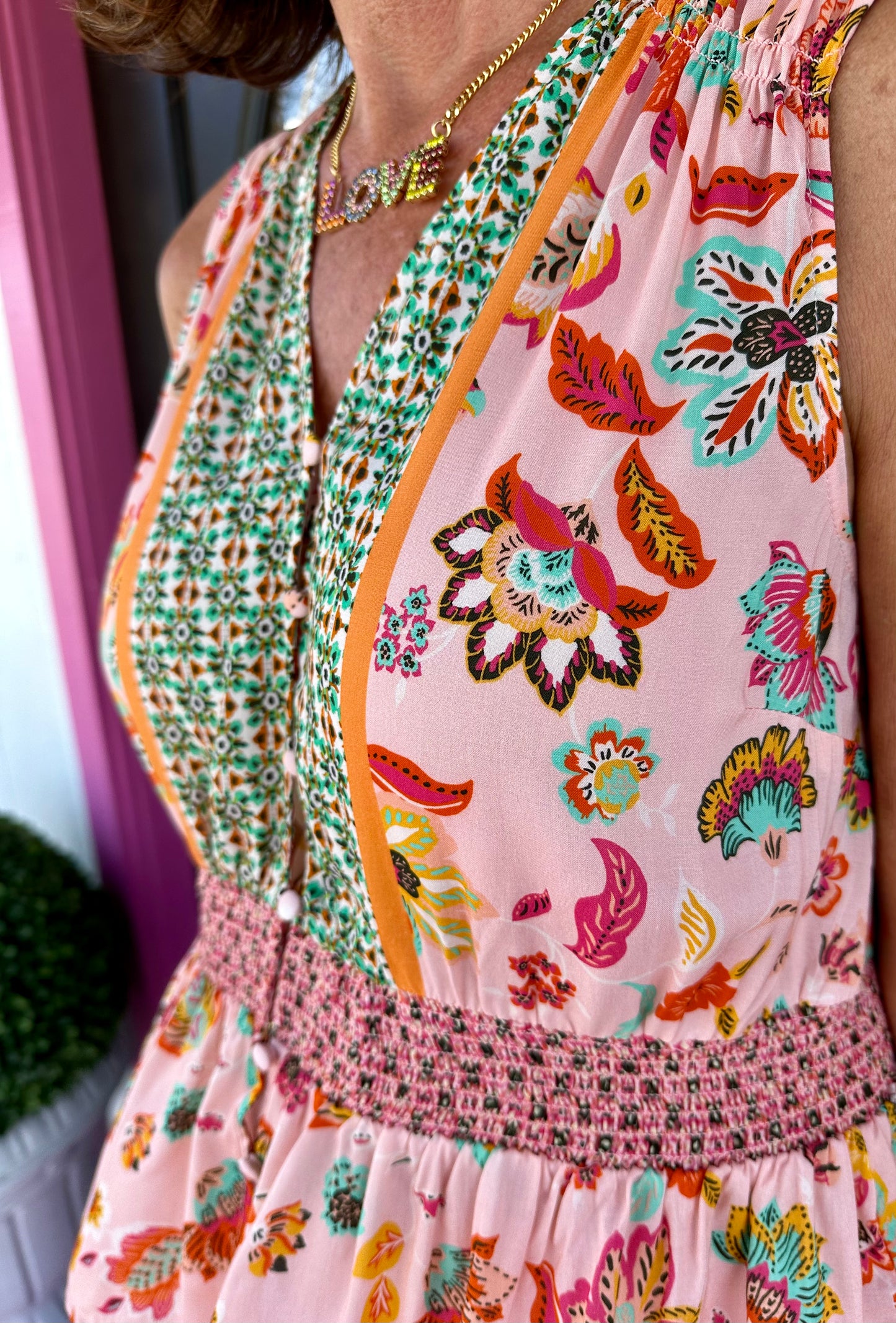 Pink/Green Sleeveless Floral Top